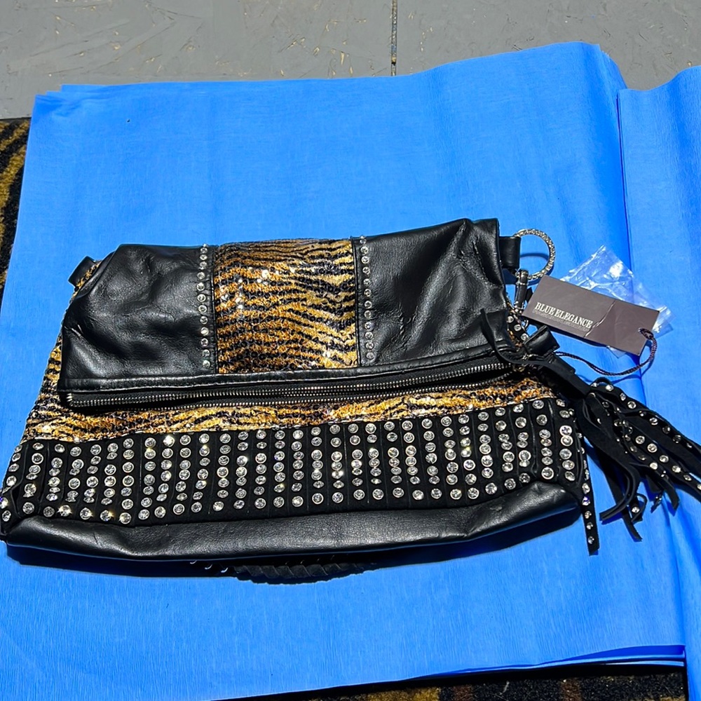 Blue Elegance Rhinestone Tiger printed bag